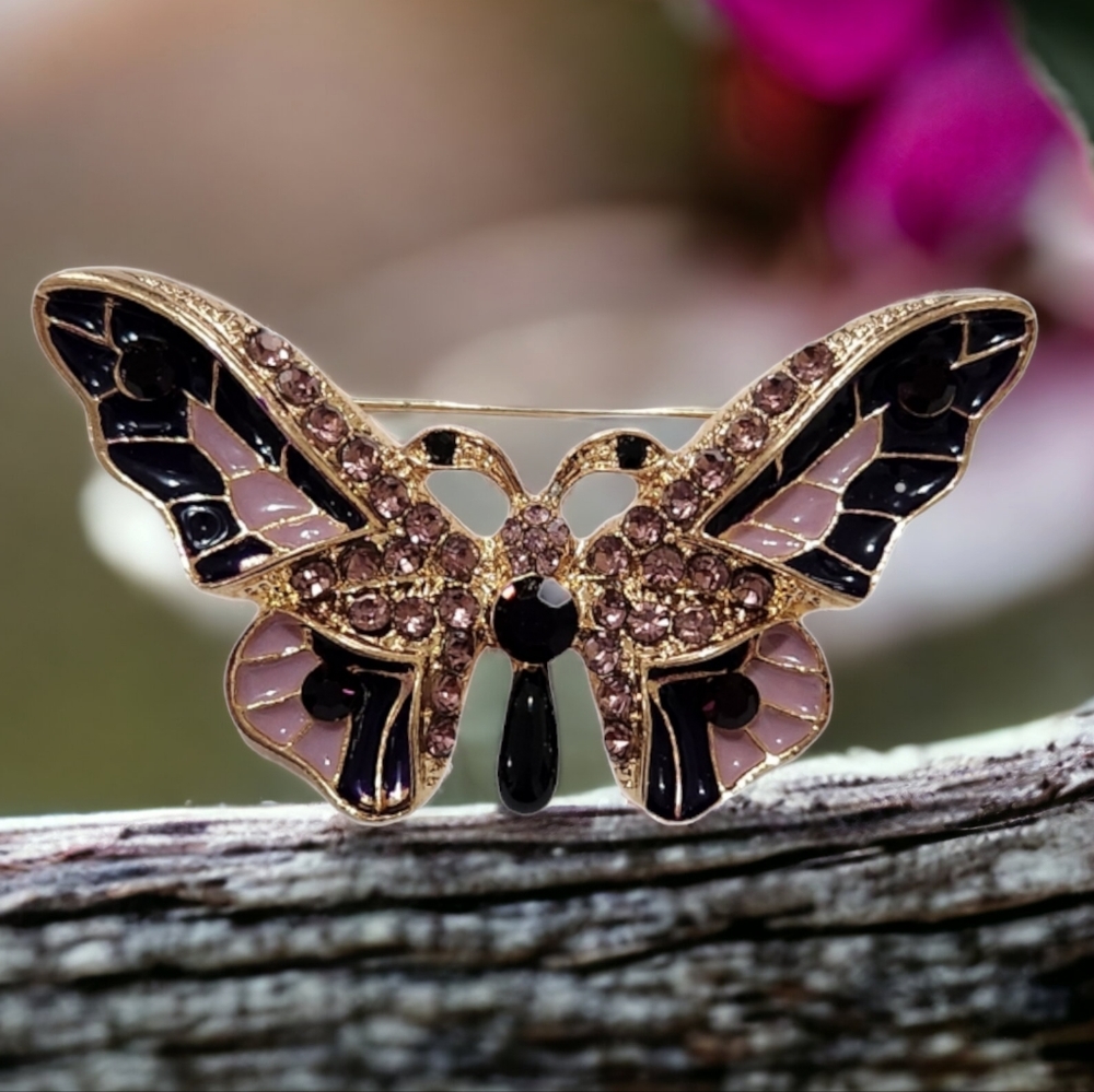 Butterfly Enamel & Rhinestone Brooch - Picture 1 of 8